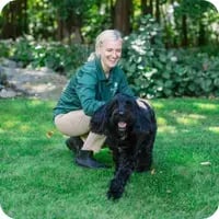A Mainely Grass technician interacting with a happy dog on a healthy, well-maintained lawn.