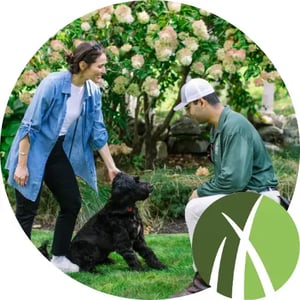 Mainely Grass technician meeting customer and dog on treated lawn, showcasing pet-friendly organic tick and mosquito control.