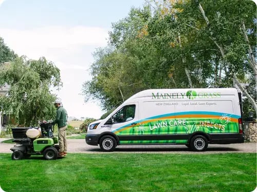 A Mainely Grass technician preparing professional lawn care equipment next to a branded service van.